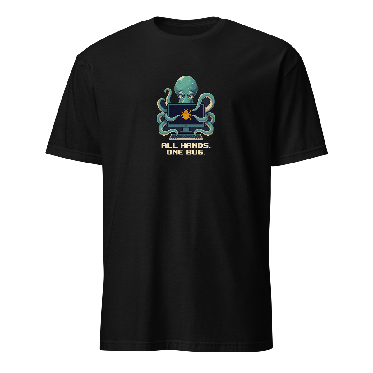 All Hands One Bug pixel art developer t-shirt with teal octopus Otis, desktop monitor, keyboard and one amber bug on a Black unisex t-shirt