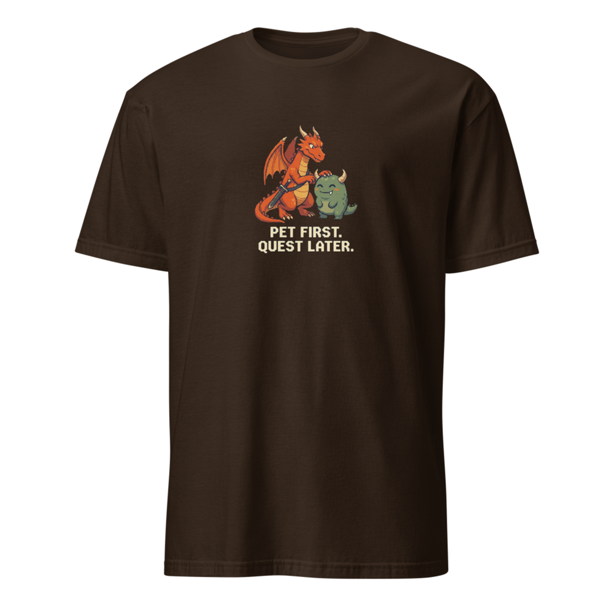 Pet First Quest Later pixel art gamer t-shirt with orange dragon Drake petting a happy green horned monster on a Dark Chocolate unisex t-shirt