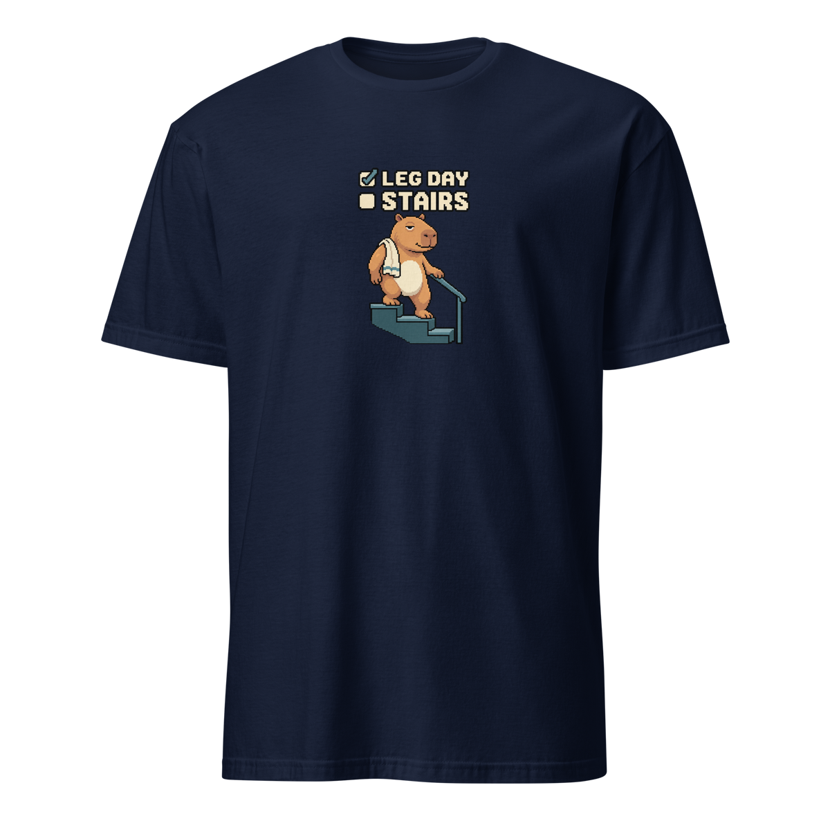 Stairs Pending pixel art fitness t-shirt with Capy holding a stair rail, gym towel and a Leg Day checked, Stairs unchecked checklist on a Navy unisex t-shirt