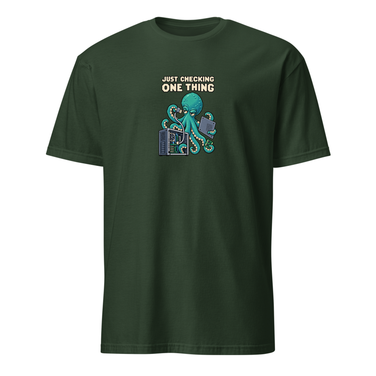 Just Checking One Thing pixel art developer tee with teal octopus Otis inspecting a cable beside a dismantled desktop computer on a Forest Green unisex t-shirt