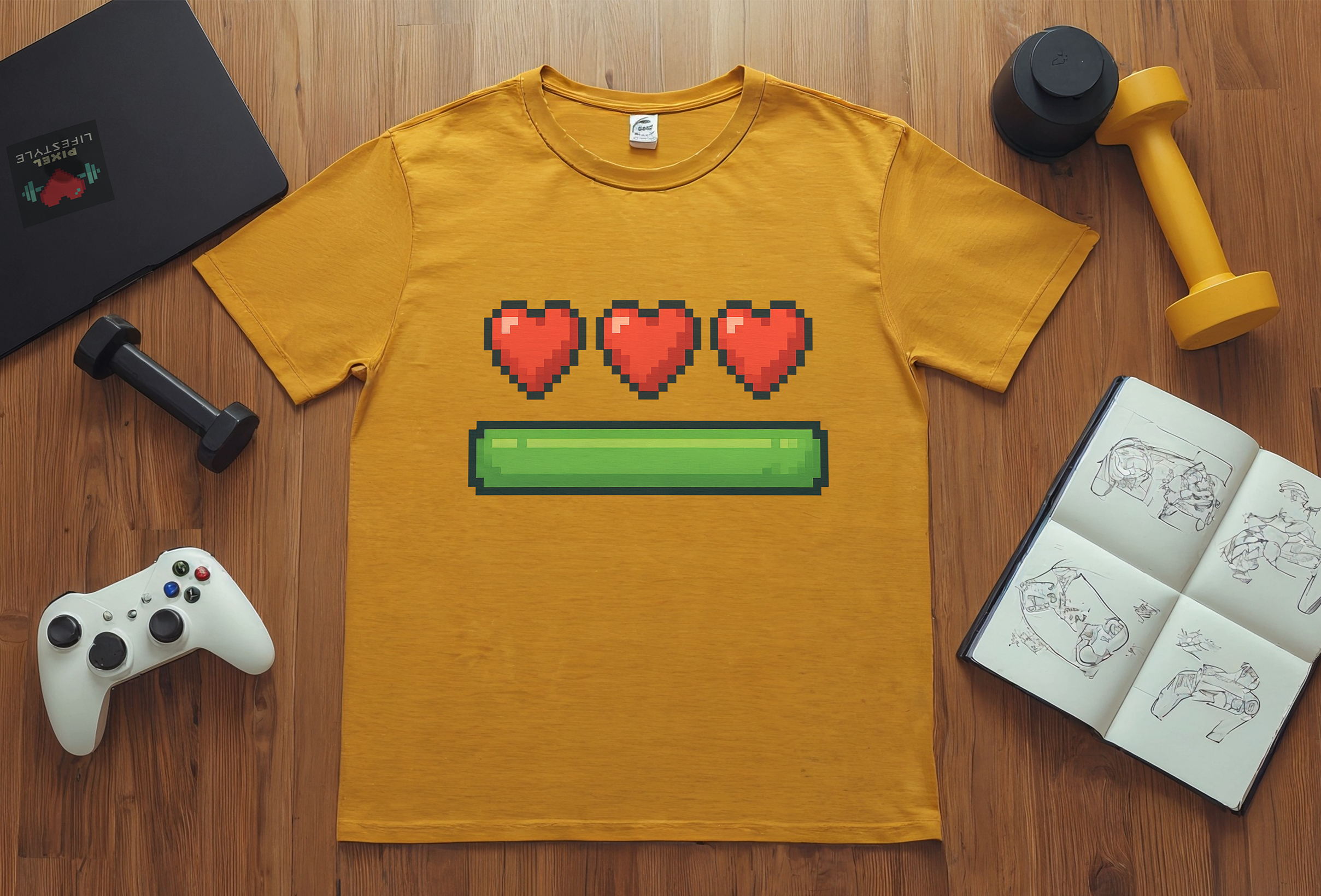 Yellow t-shirt with pixel heart design on a wooden surface with gaming accessories.