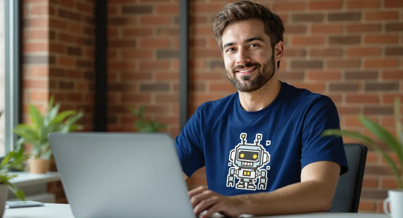 Man wearing a blue t-shirt with a robot graphic, sitting at a desk with a laptop.