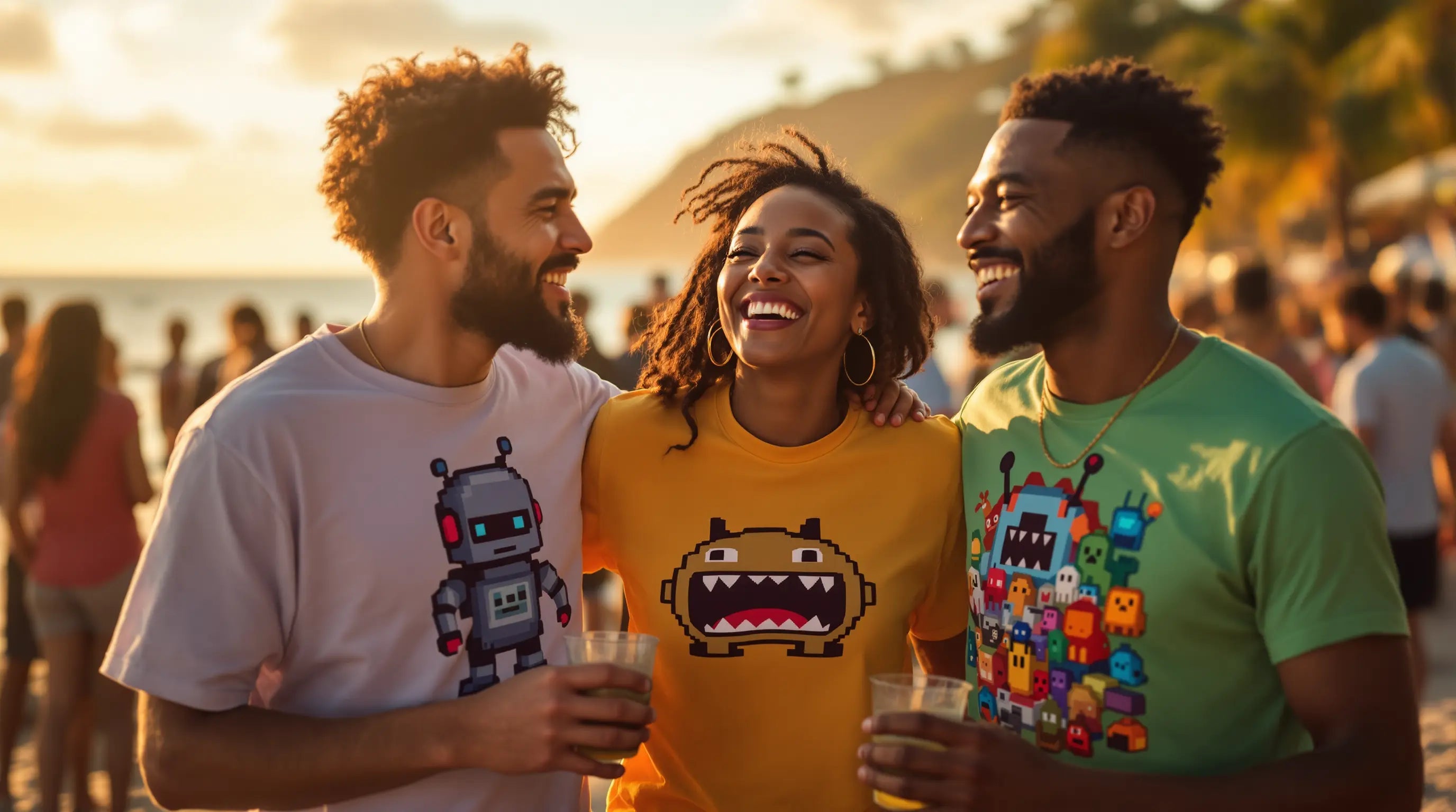Three friends at a beach party, wearing colorful t-shirts with cartoon designs.
