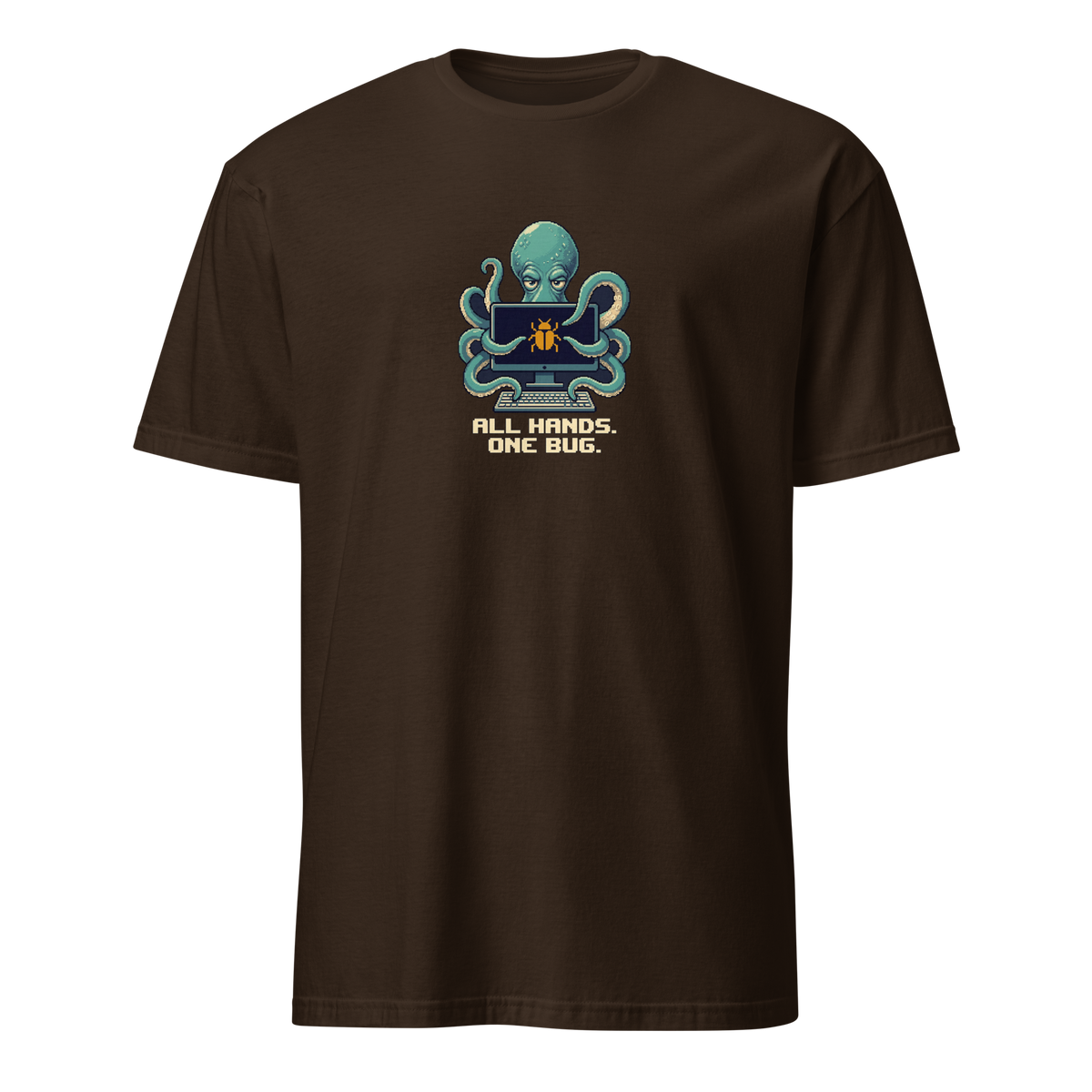 All Hands One Bug pixel art developer t-shirt with teal octopus Otis, desktop monitor, keyboard and one amber bug on a Dark Chocolate unisex t-shirt