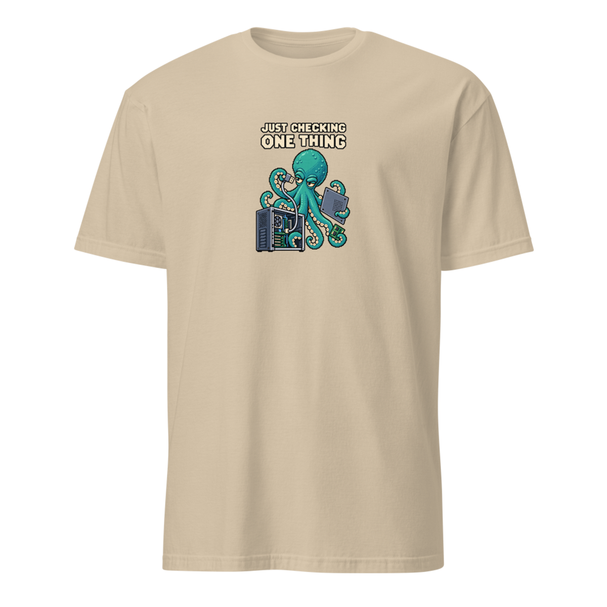 Just Checking One Thing pixel art developer tee with teal octopus Otis inspecting a cable beside a dismantled desktop computer on a Sand unisex t-shirt