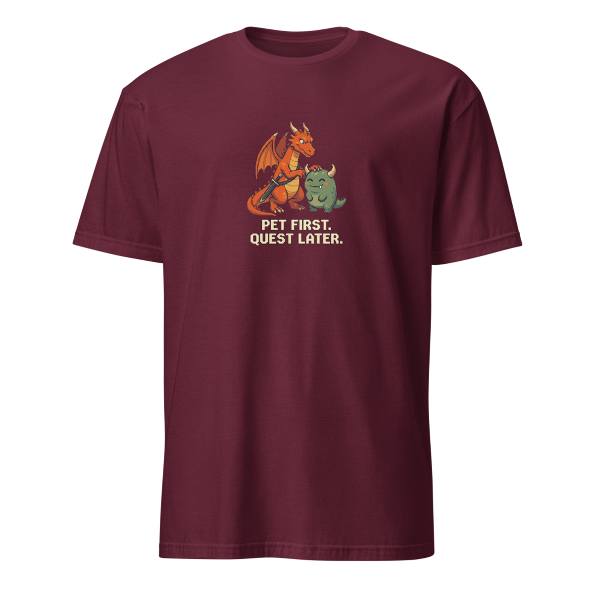 Pet First Quest Later pixel art gamer t-shirt with orange dragon Drake petting a happy green horned monster on a Maroon unisex t-shirt