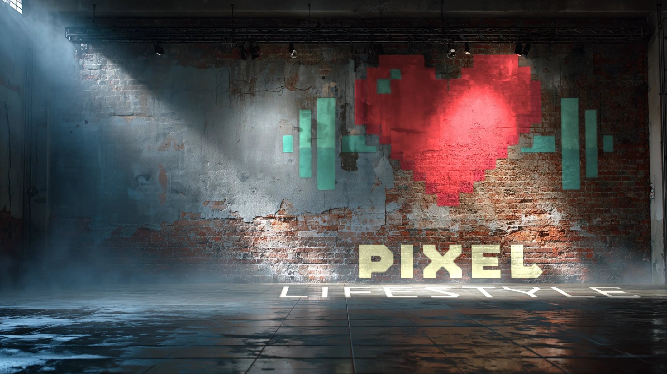 Pixel heart design on a brick wall with 'I ❤️ PIXEL' text.