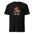 Pet First Quest Later pixel art gamer t-shirt with orange dragon Drake petting a happy green horned monster on a Black unisex t-shirt