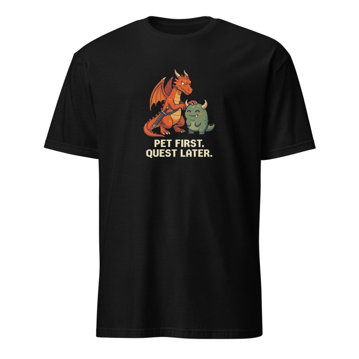 Pet First Quest Later pixel art gamer t-shirt with orange dragon Drake petting a happy green horned monster on a Black unisex t-shirt