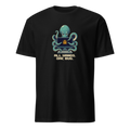 All Hands One Bug pixel art developer t-shirt with teal octopus Otis, desktop monitor, keyboard and one amber bug on a Black unisex t-shirt