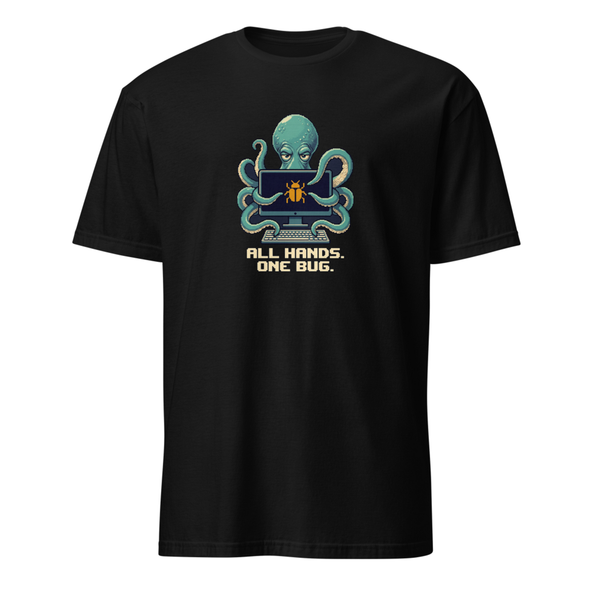 All Hands One Bug pixel art developer t-shirt with teal octopus Otis, desktop monitor, keyboard and one amber bug on a Black unisex t-shirt