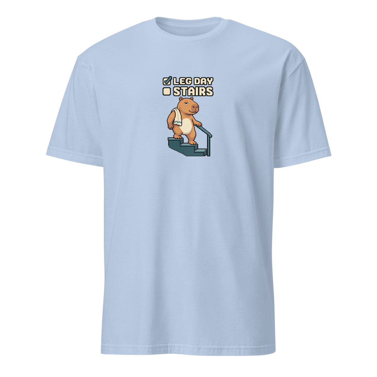 Stairs Pending pixel art fitness t-shirt with Capy holding a stair rail, gym towel and a Leg Day checked, Stairs unchecked checklist on a Light Blue unisex t-shirt