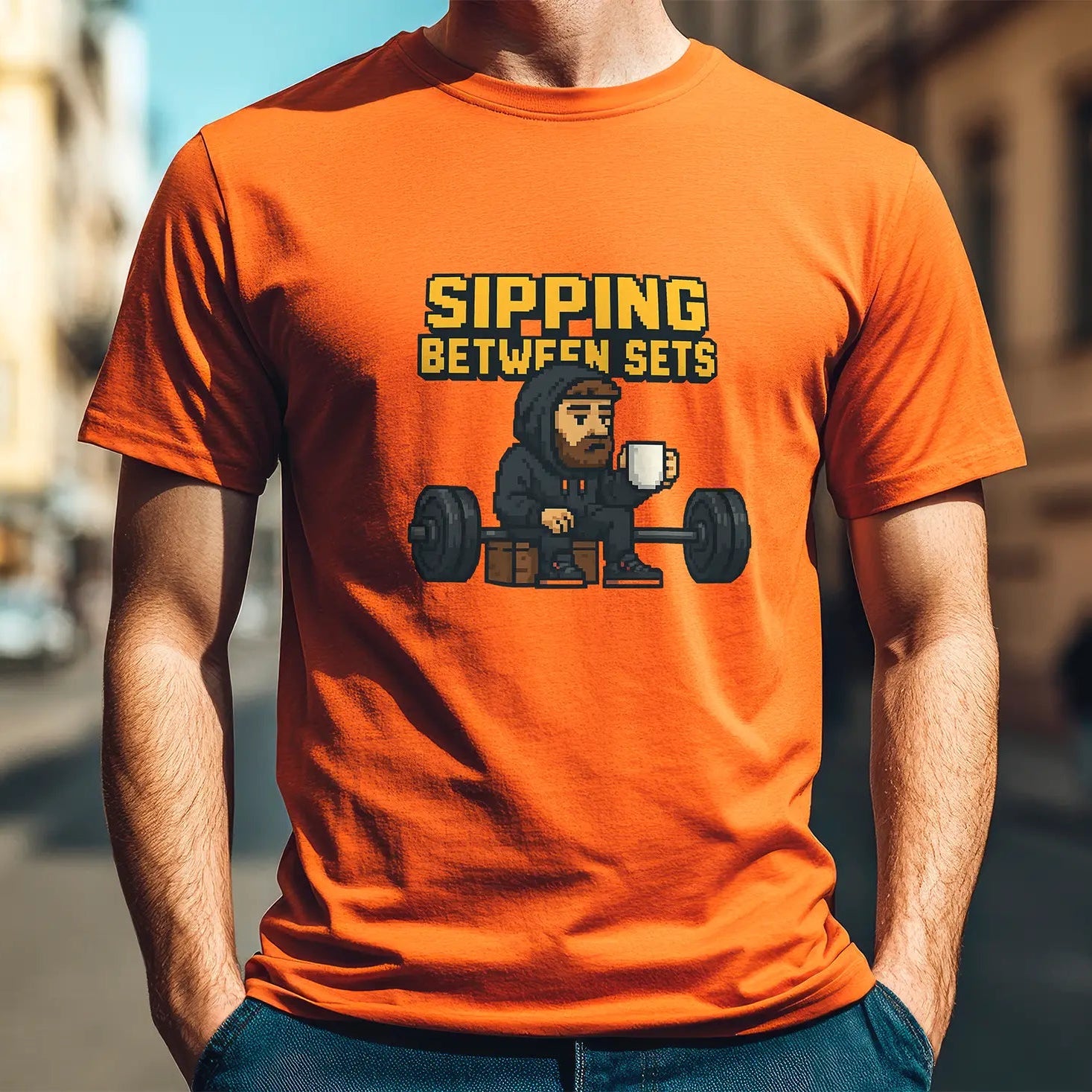 Person wearing an orange t-shirt with a graphic design and text on a city street.