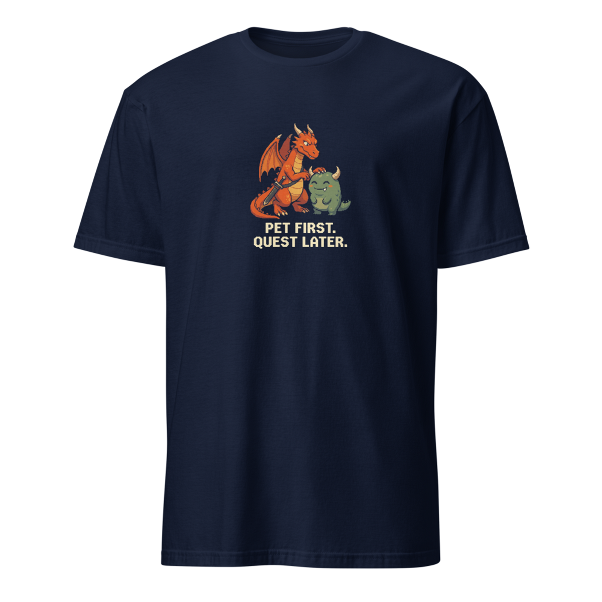 Pet First Quest Later pixel art gamer t-shirt with orange dragon Drake petting a happy green horned monster on a Navy unisex t-shirt