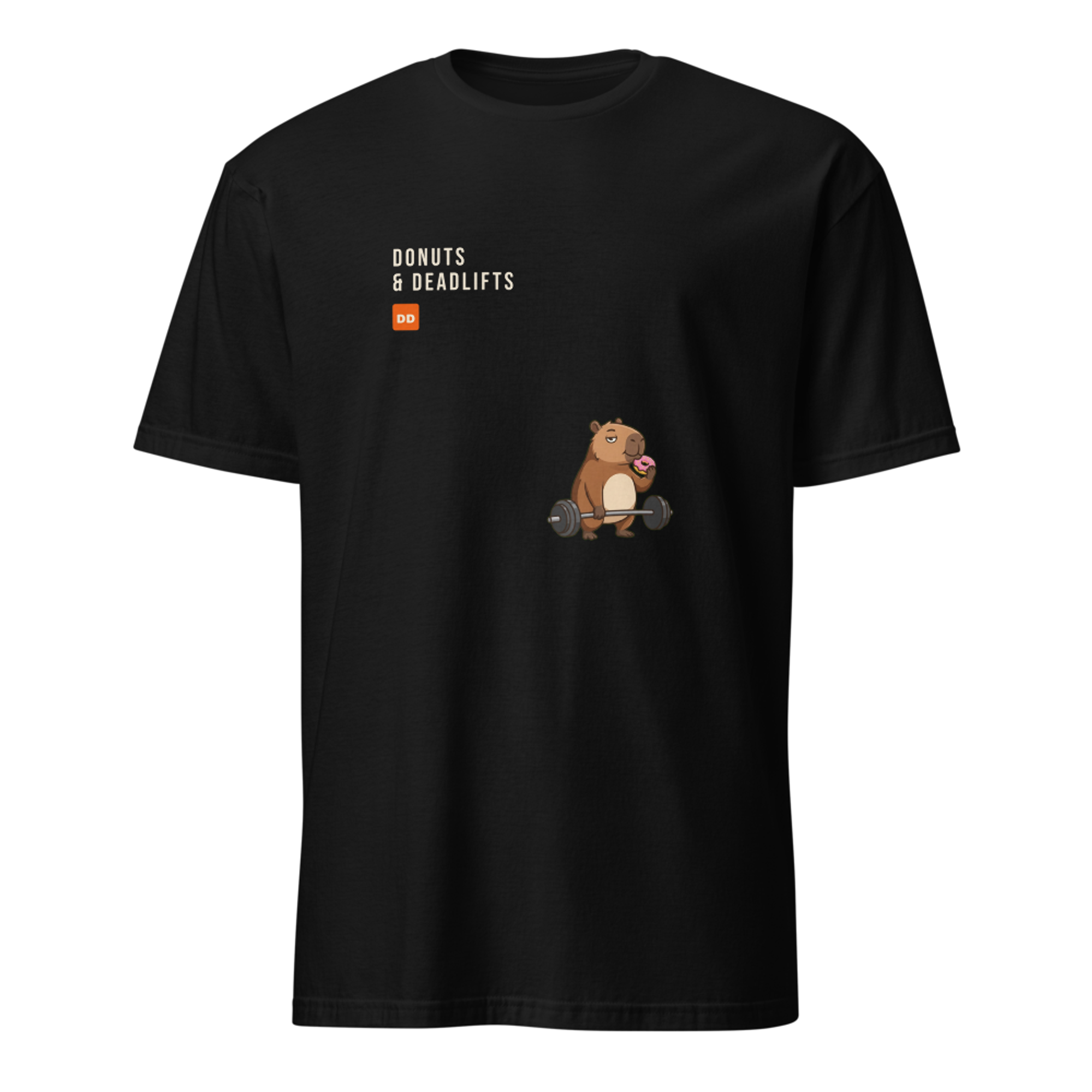 Donuts and Deadlifts pixel art fitness t-shirt with a capybara deadlifting a barbell while eating a pink frosted donut, cream wordmark and orange DD badge upper left on a Black unisex t-shirt