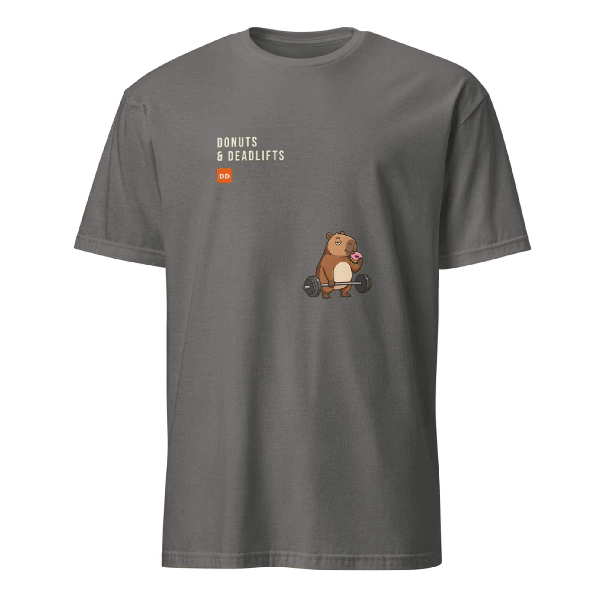 Donuts and Deadlifts pixel art fitness t-shirt with a capybara deadlifting a barbell while eating a pink frosted donut, cream wordmark and orange DD badge upper left on a Charcoal unisex t-shirt