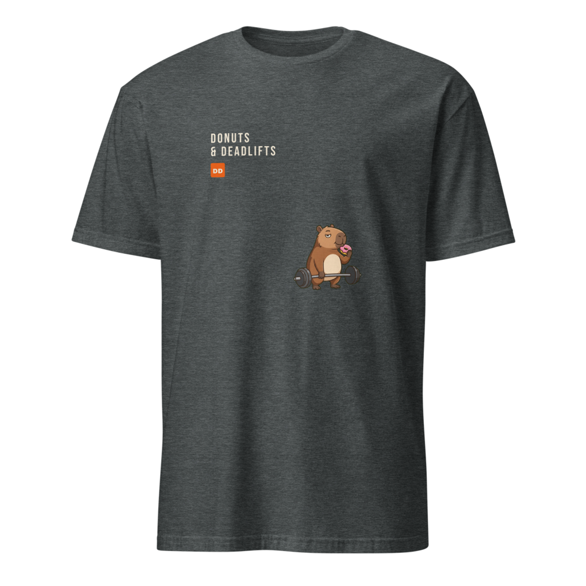 Donuts and Deadlifts pixel art fitness t-shirt with a capybara deadlifting a barbell while eating a pink frosted donut, cream wordmark and orange DD badge upper left on a Dark Heather unisex t-shirt