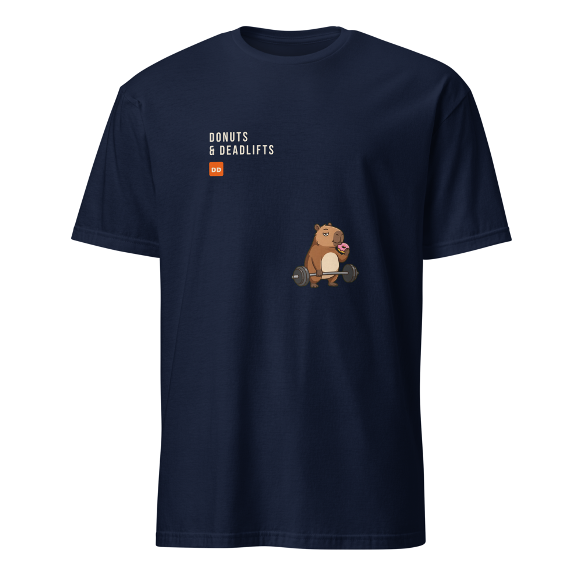 Donuts and Deadlifts pixel art fitness t-shirt with a capybara deadlifting a barbell while eating a pink frosted donut, cream wordmark and orange DD badge upper left on a Navy unisex t-shirt