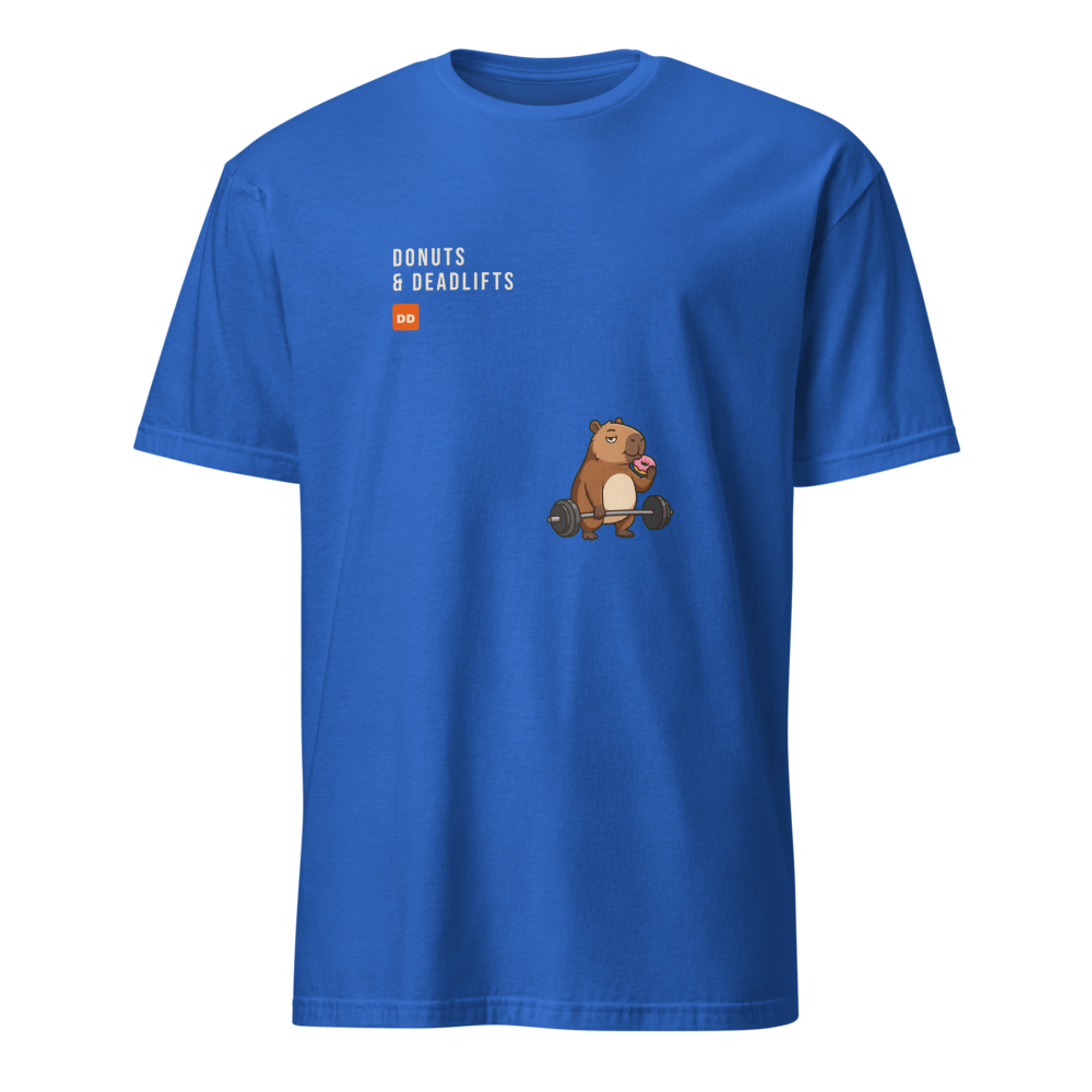 Donuts and Deadlifts pixel art fitness t-shirt with a capybara deadlifting a barbell while eating a pink frosted donut, cream wordmark and orange DD badge upper left on a Royal unisex t-shirt