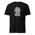 Awaiting Review pixel art developer t-shirt with a weary stone gargoyle, closed laptop, cobweb and bold lettering on a Black unisex t-shirt