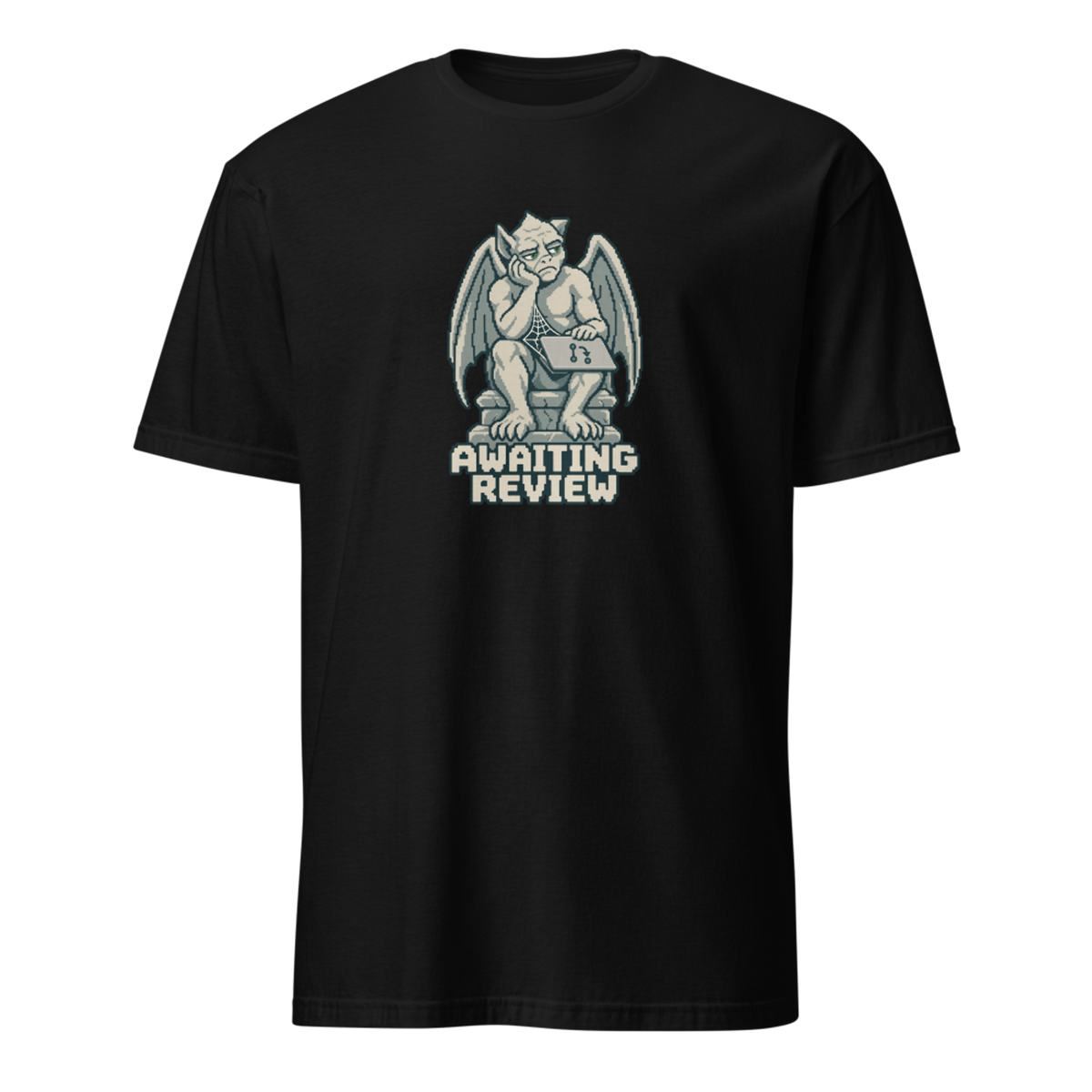 Awaiting Review pixel art developer t-shirt with a weary stone gargoyle, closed laptop, cobweb and bold lettering on a Black unisex t-shirt
