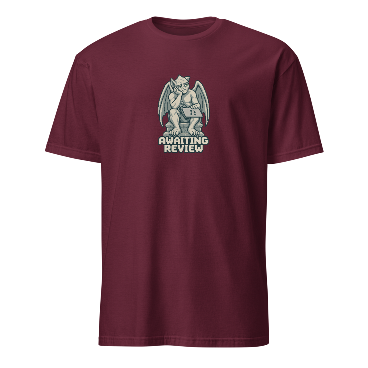 Awaiting Review pixel art developer t-shirt with a weary stone gargoyle, closed laptop, cobweb and bold lettering on a Maroon unisex t-shirt