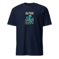 Just Checking One Thing pixel art developer tee with teal octopus Otis inspecting a cable beside a dismantled desktop computer on a Navy unisex t-shirt