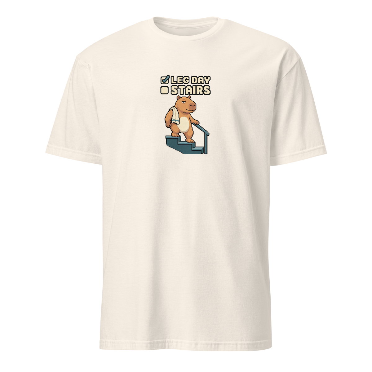Stairs Pending pixel art fitness t-shirt with Capy holding a stair rail, gym towel and a Leg Day checked, Stairs unchecked checklist on a Natural unisex t-shirt