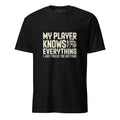My Player Knows Everything pixel art RPG knight gamer t-shirt in black