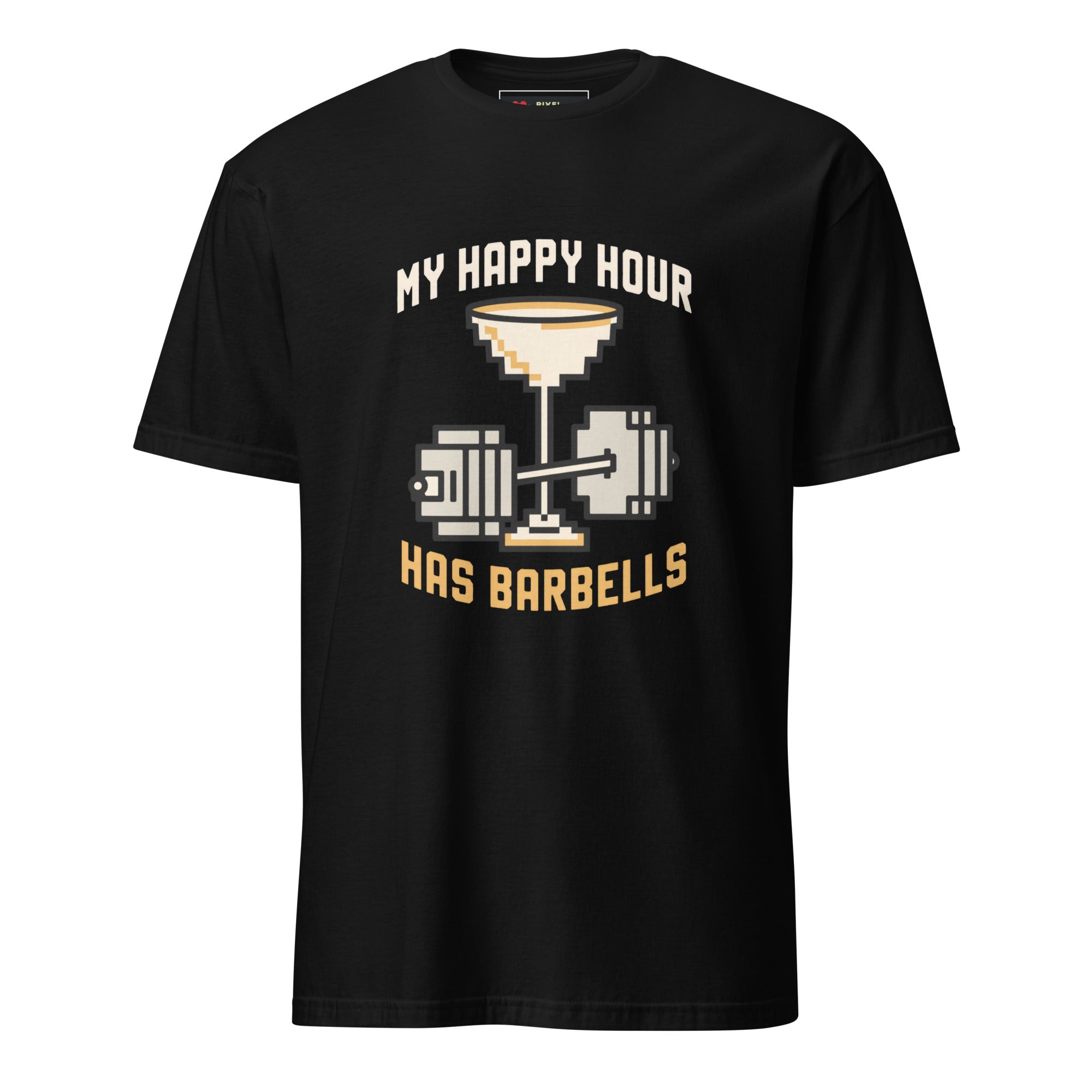 My Happy Hour Has Barbells pixel art fitness t-shirt in black