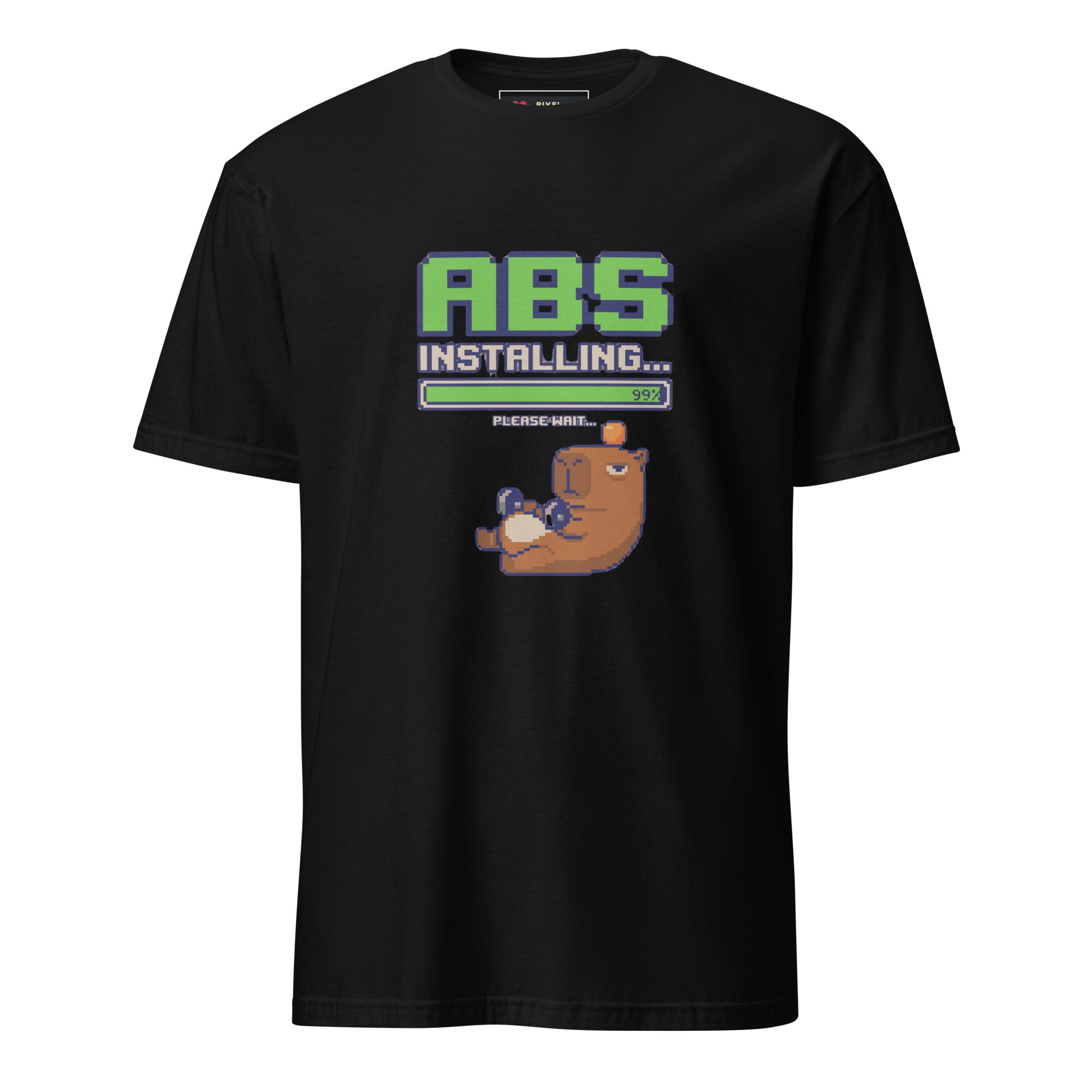 Installing Abs Please Wait pixel art t-shirt in black