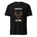 Distressed grunge dragon head in cream and orange with the slogan Gamers Don't Hit Save, printed on a Black gamer t-shirt