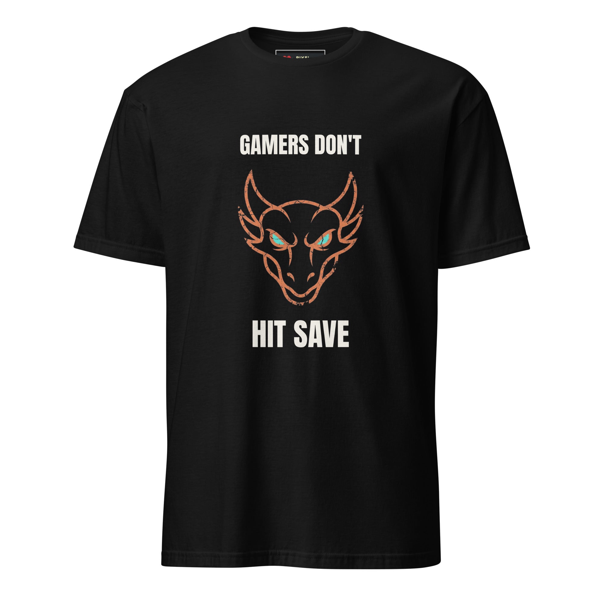 Distressed grunge dragon head in cream and orange with the slogan Gamers Don't Hit Save, printed on a Black gamer t-shirt