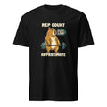 Rep Count: Approximate pixel art fitness t-shirt with an ochre capybara holding a teal barbell beside a 07? counter and cream lettering on a Black unisex t-shirt, front view