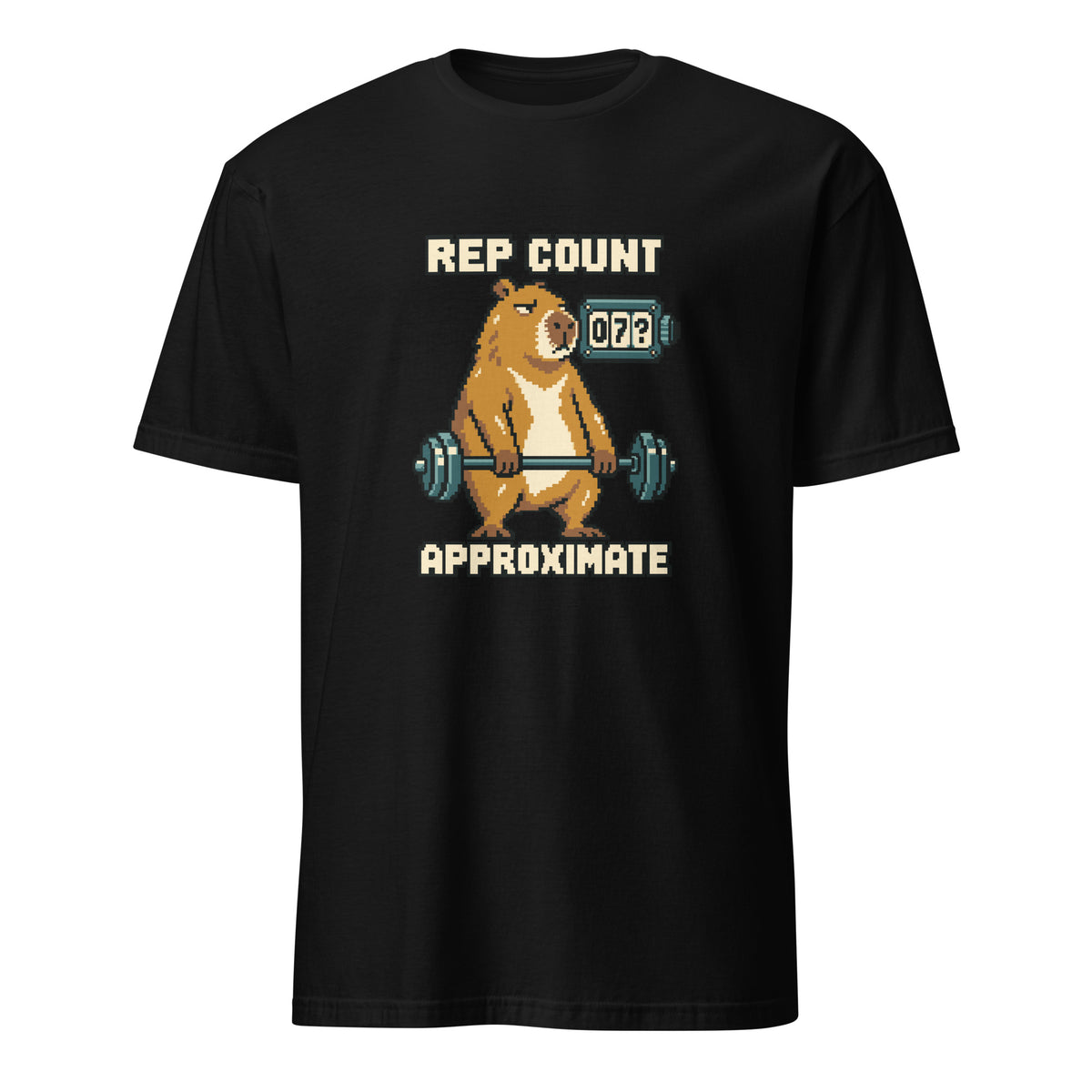 Rep Count: Approximate pixel art fitness t-shirt with an ochre capybara holding a teal barbell beside a 07? counter and cream lettering on a Black unisex t-shirt, front view