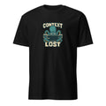 Context Lost pixel art developer t-shirt with a tired teal octopus behind an empty terminal and cream CONTEXT LOST lettering on a Black unisex t-shirt, front view