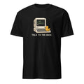 Talk to the Duck pixel artwork with a complete retro computer and yellow rubber duck on a Black unisex t-shirt, front view