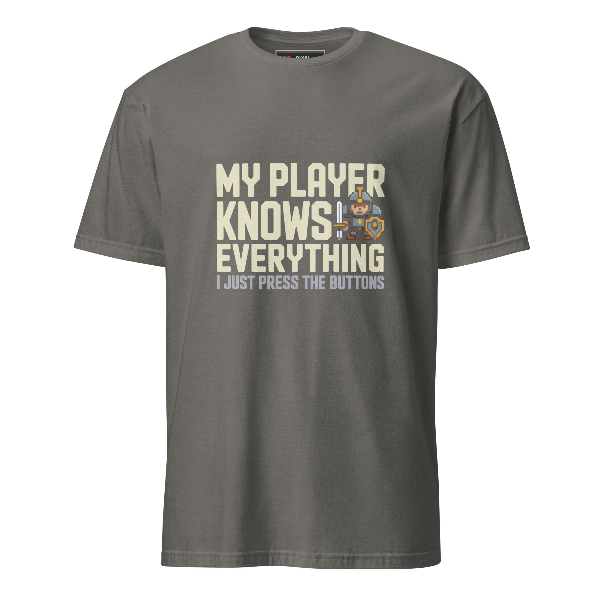 My Player Knows Everything pixel art RPG knight gamer t-shirt in charcoal