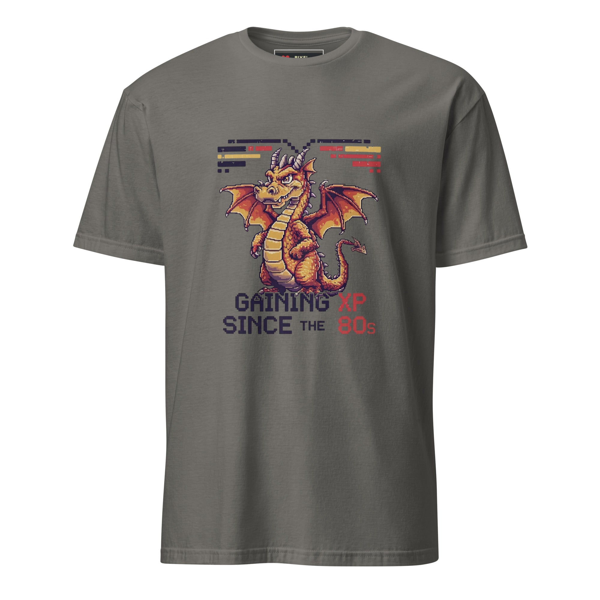 Gaining XP Since the 80s pixel art dragon gamer t-shirt in charcoal