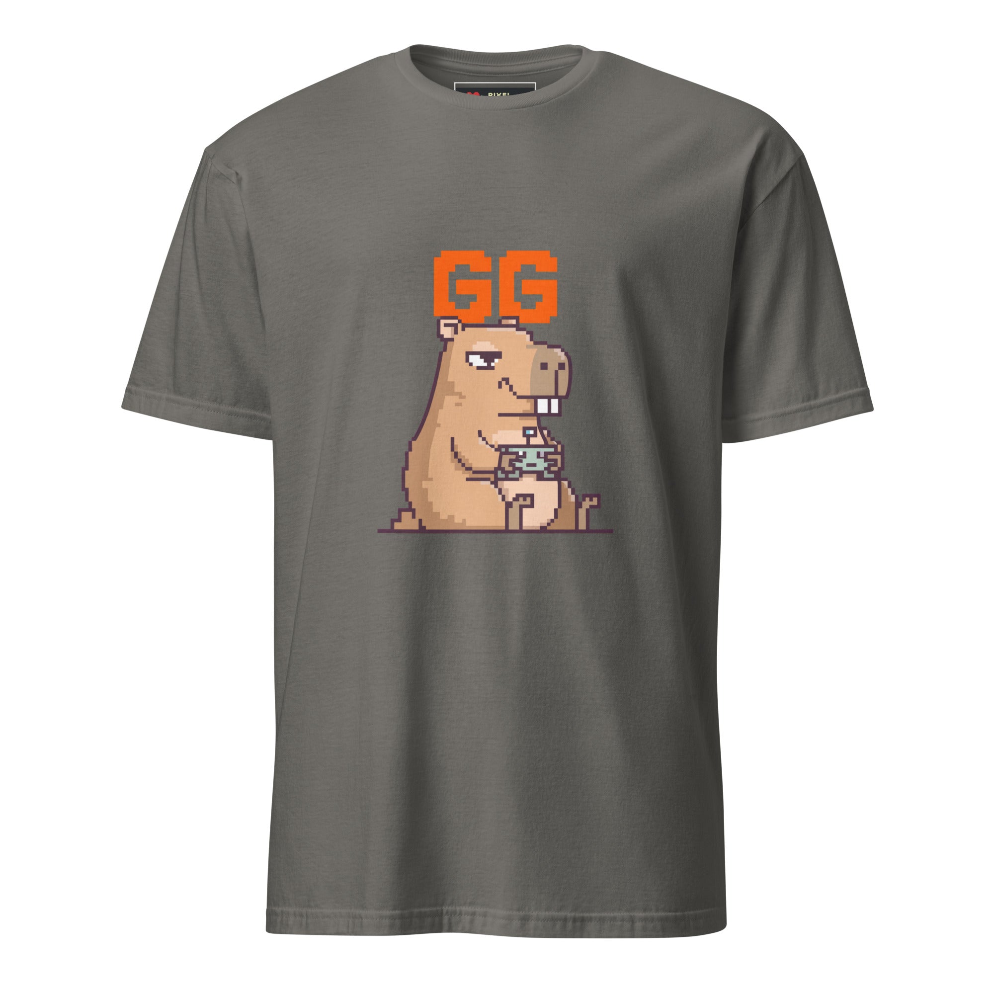 Unbothered Capybara GG pixel art gamer t-shirt — Charcoal unisex short-sleeve tee