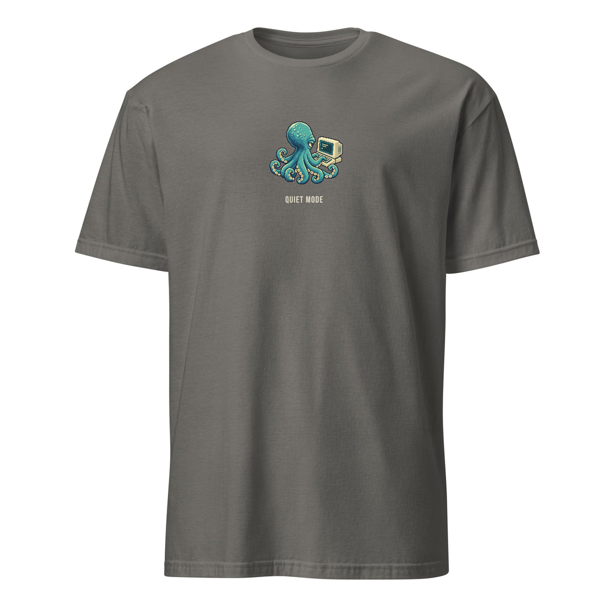 Quiet Mode Pixel Developer Tee in Charcoal, with a teal octopus using a small retro terminal above QUIET MODE lettering, front view