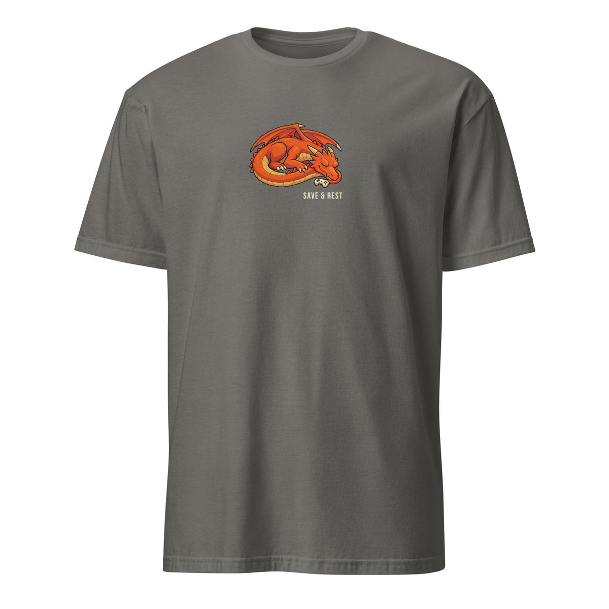 Save & Rest Pixel Gamer Tee in Charcoal, with a sleeping orange dragon with a controller set beside its snout above SAVE & REST lettering, front view