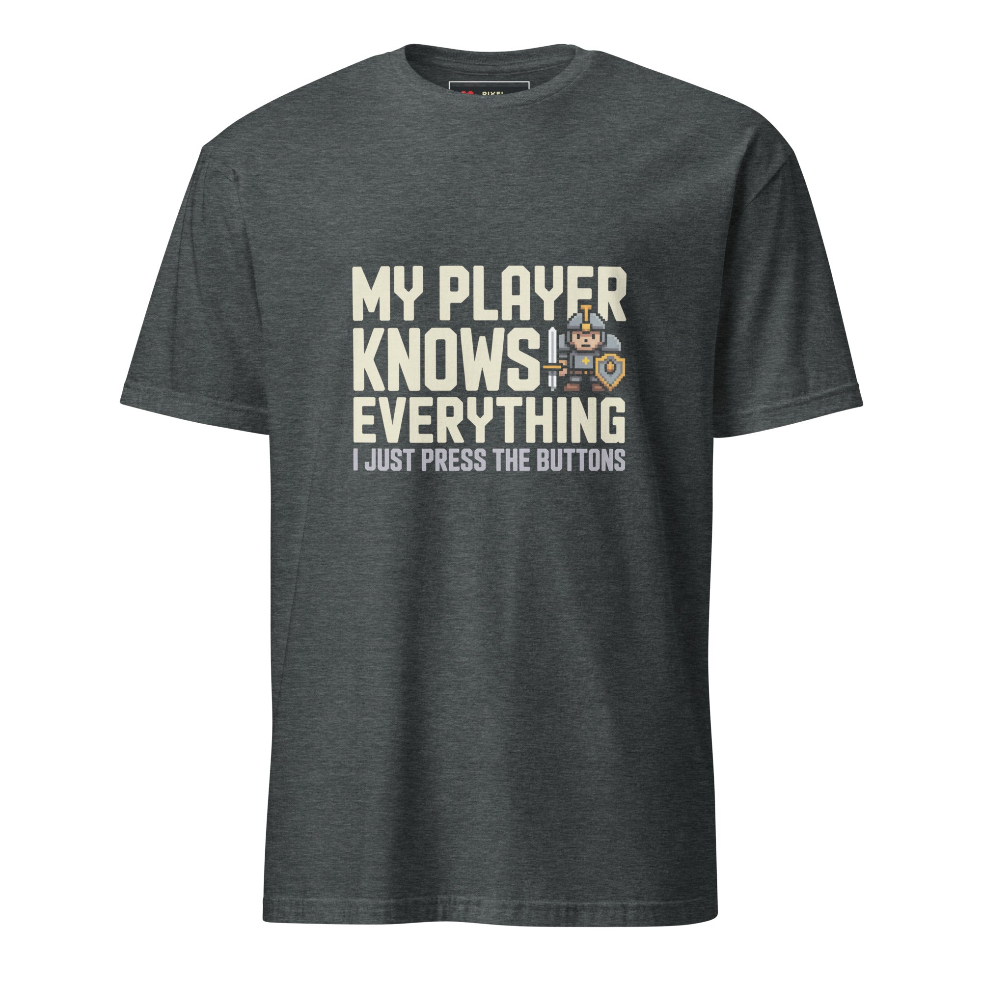 My Player Knows Everything pixel art RPG knight gamer t-shirt in dark heather
