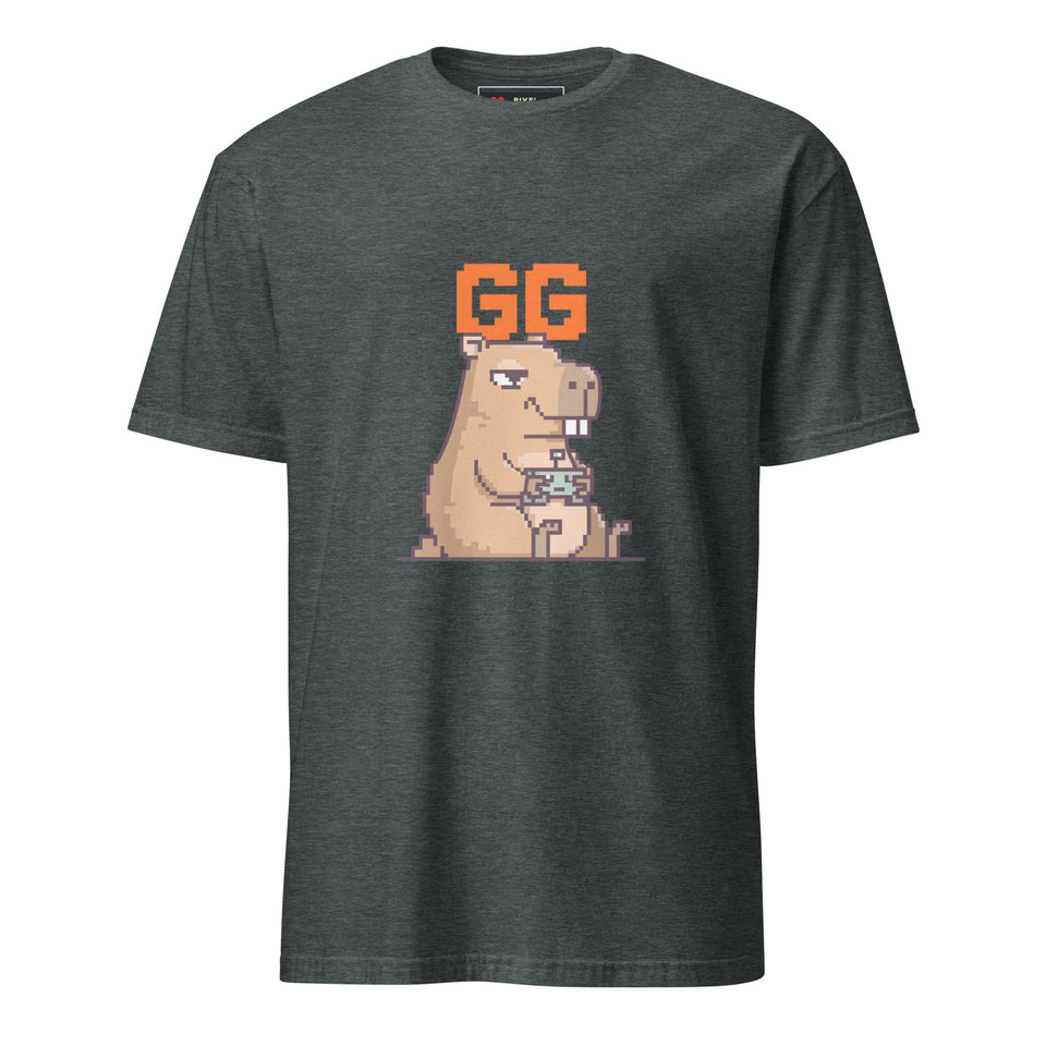 Unbothered Capybara GG pixel art gamer t-shirt — Dark Heather unisex short-sleeve tee (hero)
