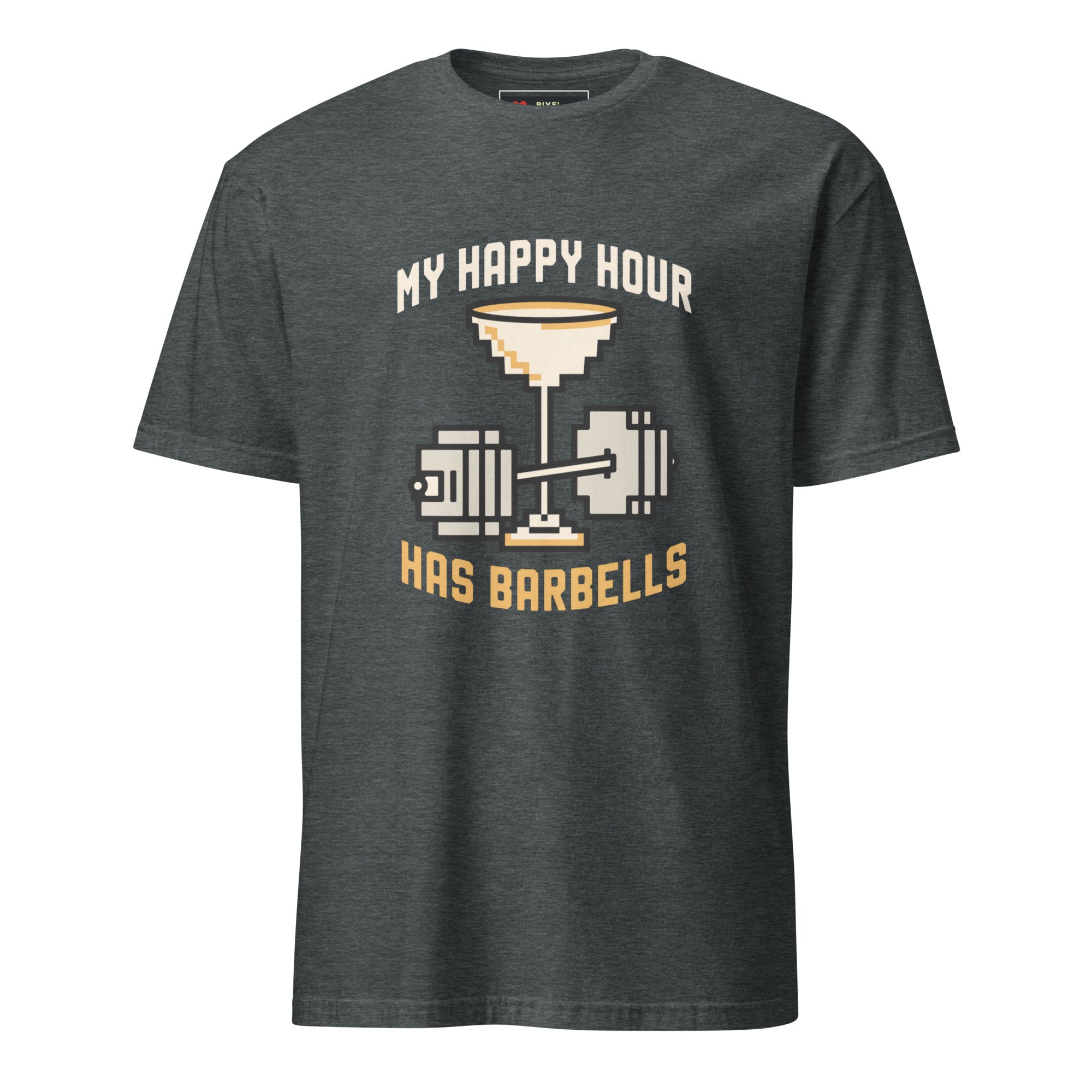 My Happy Hour Has Barbells pixel art fitness t-shirt in dark heather