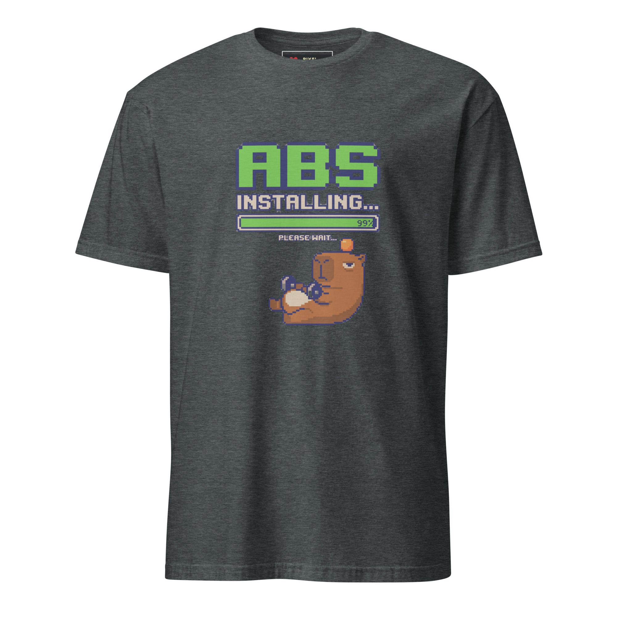 Installing Abs Please Wait pixel art t-shirt in dark heather