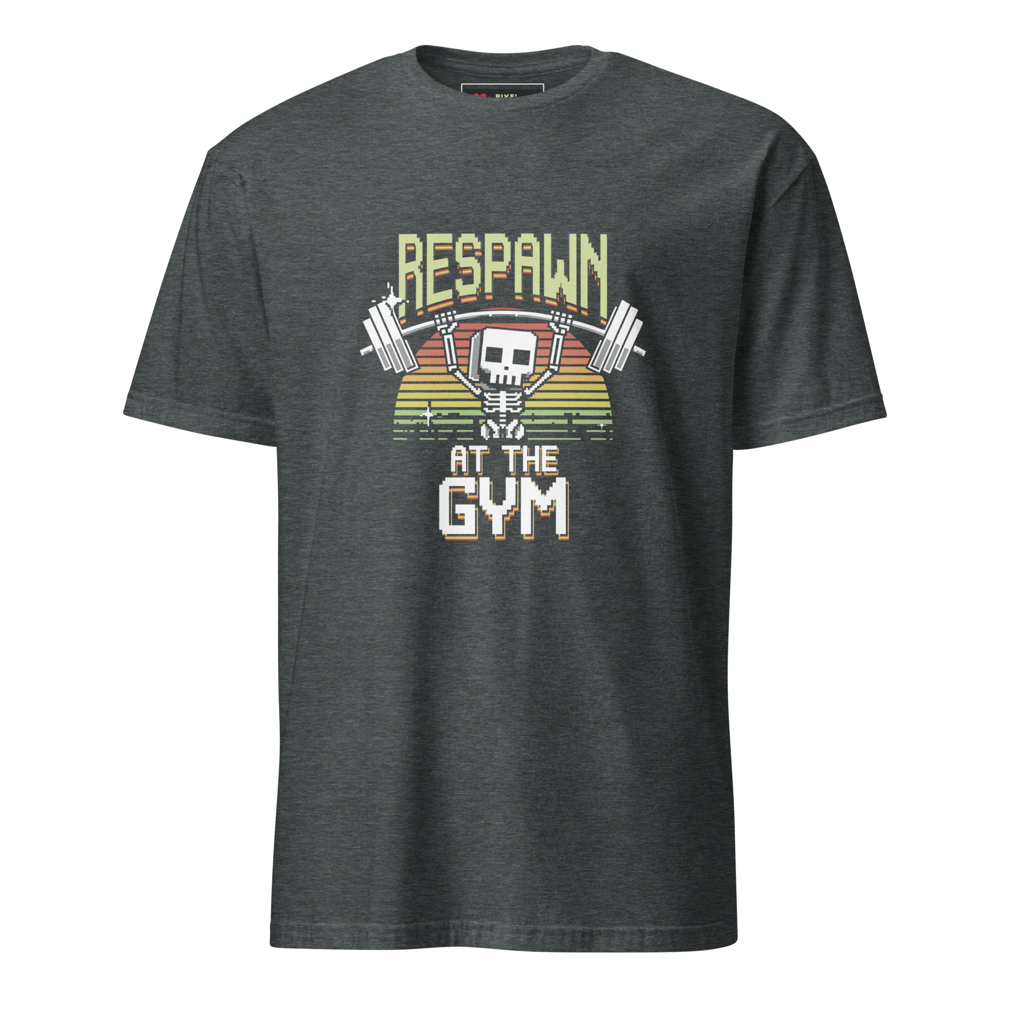 Respawn at the Gym pixel art t-shirt in dark heather
