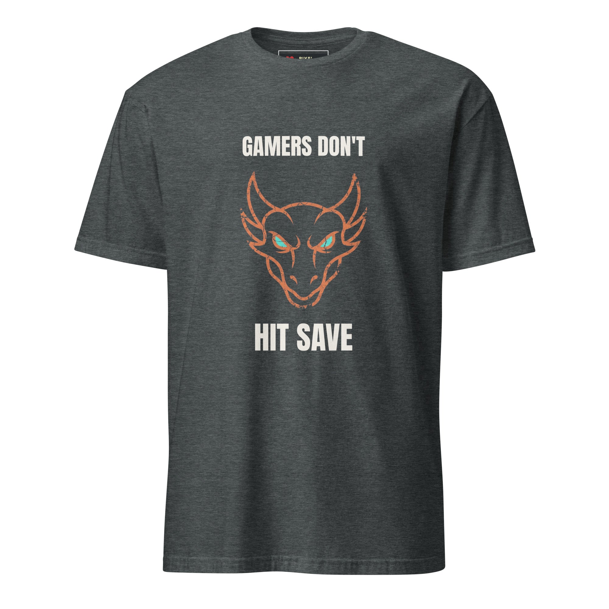 Distressed grunge dragon head in cream and orange with the slogan Gamers Don't Hit Save, printed on a Dark Heather gamer t-shirt