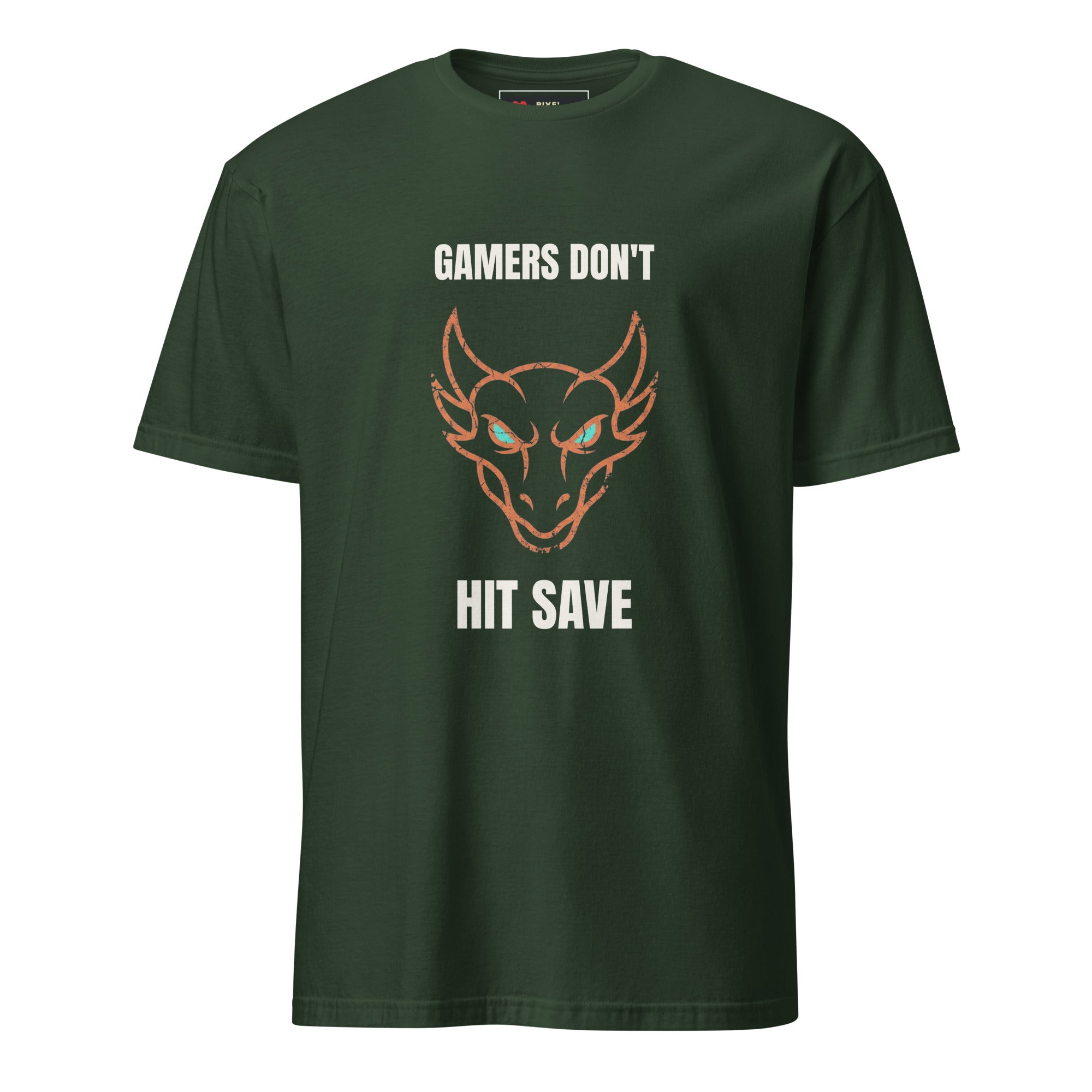 Distressed grunge dragon head in cream and orange with the slogan Gamers Don't Hit Save, printed on a Forest Green gamer t-shirt