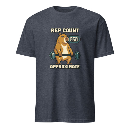 Rep Count: Approximate pixel art fitness t-shirt with an ochre capybara holding a teal barbell beside a 07? counter and cream lettering on a Heather Navy unisex t-shirt, front view